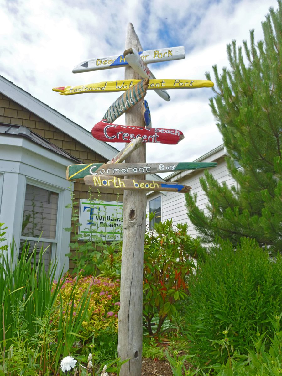 Driftwood beach signs at T Williams Realty in Eastsound, Orcas Island